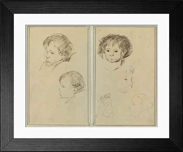 Framed Print : Two Studies of a Child's Head; Two Studies of a Child's Head, a Woman in...[recto], 1884-1888. Creator: Paul Gauguin