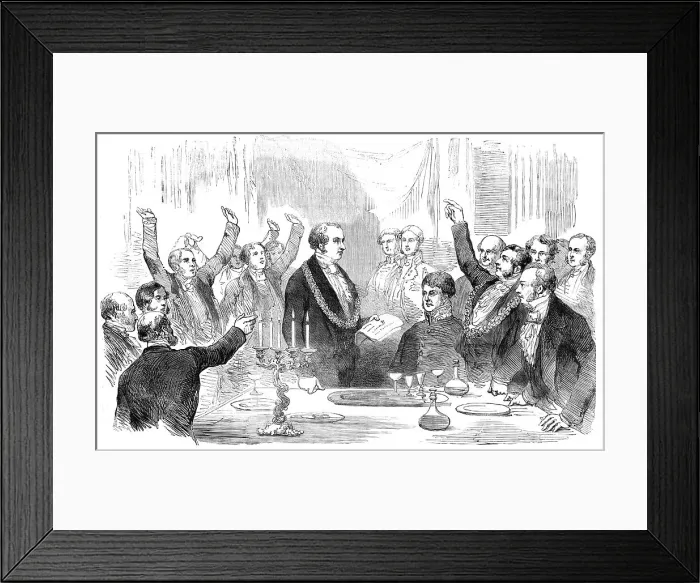 Framed Print : The Lord Mayor reading the News of the Victory on the Alma at the Sheriff's Inauguration... 1854. Creator: Unknown Framed Print : The Lord Mayor reading the News of the Victory on the Alma at the Sheriff's Inauguration... 1854. Creator: Unknown