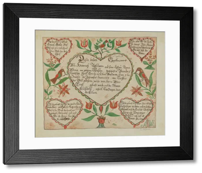 Framed Print : Pa. German Birth Certificate (Waltman #3), c. 1940. Creator: Emma M. Krumrine Framed Print : Pa. German Birth Certificate (Waltman #3), c. 1940. Creator: Emma M. Krumrine
