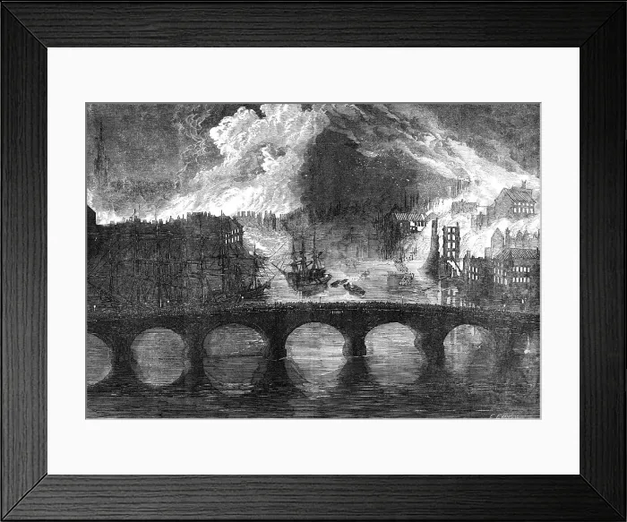 Framed Print : The Great Fires, at Newcastle and Gateshead - sketched from the High-Level Bridge, 1854. Creator: Edmund Evans Framed Print : The Great Fires, at Newcastle and Gateshead - sketched from the High-Level Bridge, 1854. Creator: Edmund Evans
