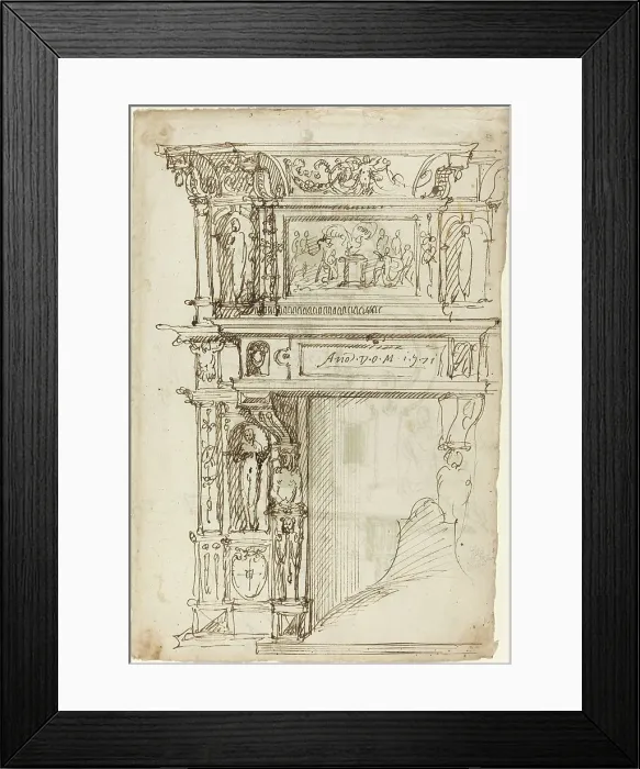 Framed Print : Palatial Mantelpiece with a Scene of Ancient Sacrifice [recto], 1571. Creator: Unknown