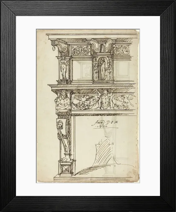 Framed Print : Palatial Mantelpiece with Mercury and Hope [recto], 1571. Creator: Unknown