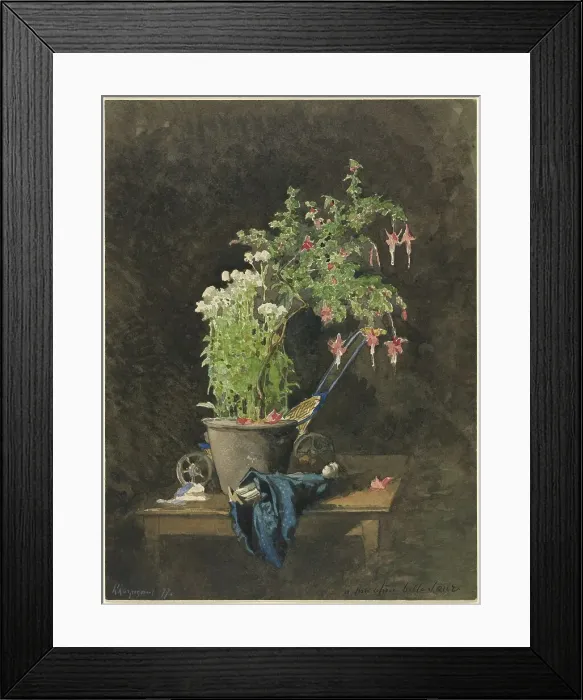 Framed Print : A Potted Fuchsia with Children's Toys, 1877. Creator: Henri-Joseph Harpignies Framed Print : A Potted Fuchsia with Children's Toys, 1877. Creator: Henri-Joseph Harpignies