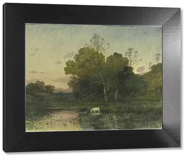 Evening Light on a Wooded Lakeside with Cattle Drinking, 1882. Creator: Henri-Joseph Harpignies