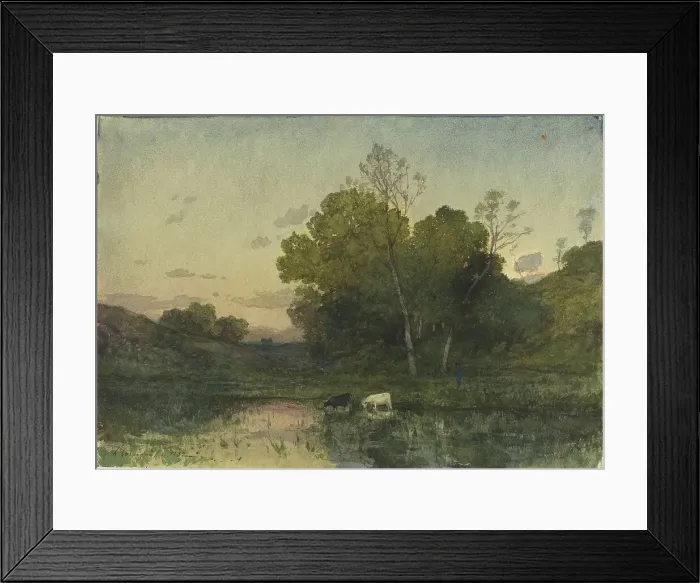 Framed Print : Evening Light on a Wooded Lakeside with Cattle Drinking, 1882. Creator: Henri-Joseph Harpignies Framed Print : Evening Light on a Wooded Lakeside with Cattle Drinking, 1882. Creator: Henri-Joseph Harpignies