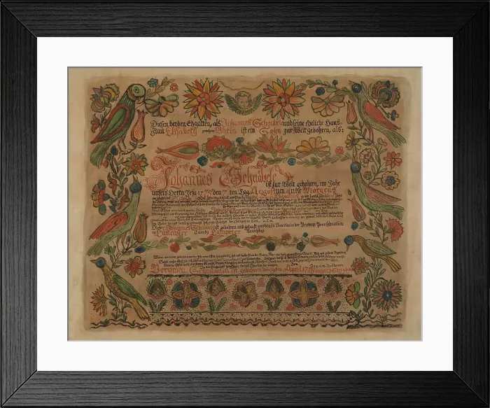 Framed Print : Pa. German Birth Certificate, c. 1936. Creator: Myra Newswanger Framed Print : Pa. German Birth Certificate, c. 1936. Creator: Myra Newswanger