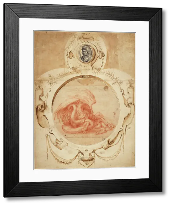 Framed Print : Dragon devouring a snake. With a Portrait of Andrea del Sarto, First quarter of 16th cen. Creator: Andrea del Sarto (1486-1531) Framed Print : Dragon devouring a snake. With a Portrait of Andrea del Sarto, First quarter of 16th cen. Creator: Andrea del Sarto (1486-1531)