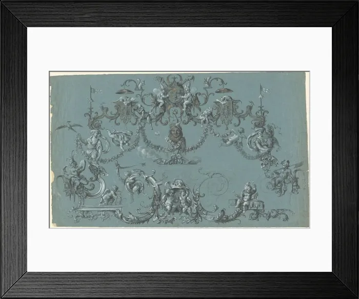 Framed Print : Arabesques with Frolicking Putti, Animals, and Jesters, c. 1750. Creator: Unknown Framed Print : Arabesques with Frolicking Putti, Animals, and Jesters, c. 1750. Creator: Unknown