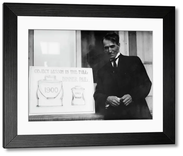 Framed Print : Theron Akin, Rep. from New York; with Full Dinner Pail Placard, 1913. Creator: Harris & Ewing. Theron Akin, Rep. from New York; with Full Dinner Pail Placard, 1913. Creator: Harris & Ewing Framed Print : Theron Akin, Rep. from New York; with Full Dinner Pail Placard, 1913. Creator: Harris & Ewing. Theron Akin, Rep. from New York; with Full Dinner Pail Placard, 1913. Creator: Harris & Ewing