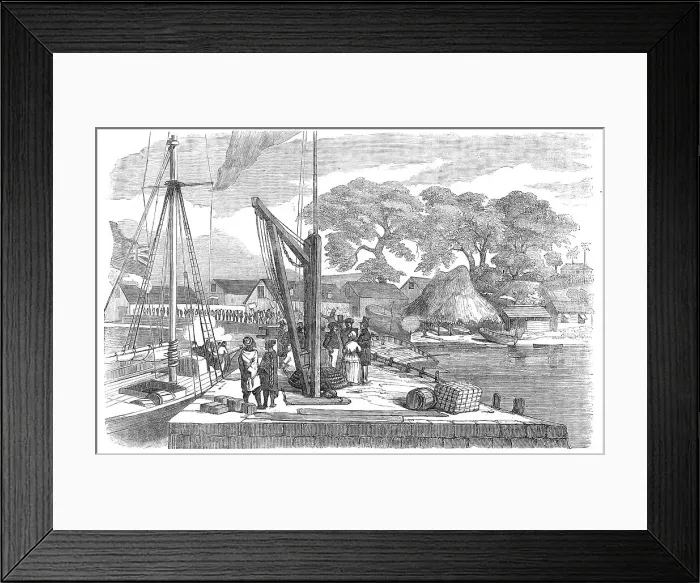 Framed Print : Matacong, on the West Coast of Africa - the Pier, Warehouses, etc. 1854. Creator: Unknown Framed Print : Matacong, on the West Coast of Africa - the Pier, Warehouses, etc. 1854. Creator: Unknown