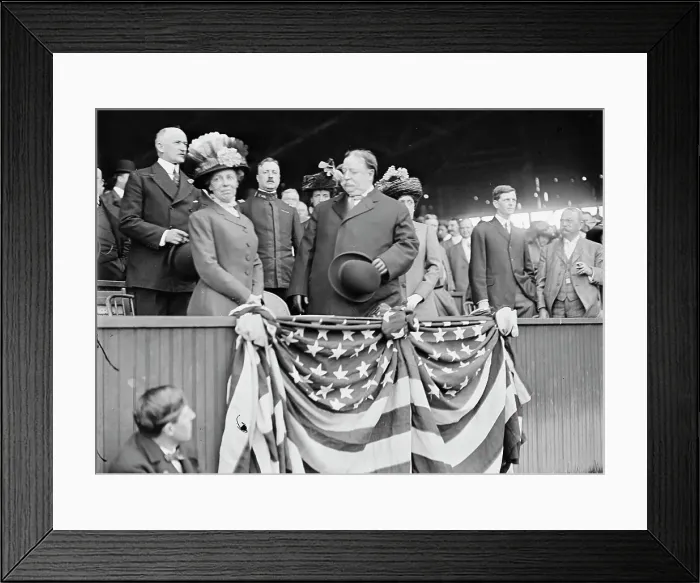 Framed Print : Baseball, Professional - President And Mrs. Taft; General Clarence Edwards, 1910. Creator: Harris & Ewing. Baseball, Professional - President And Mrs. Taft; General Clarence Edwards, 1910. Creator: Harris & Ewing