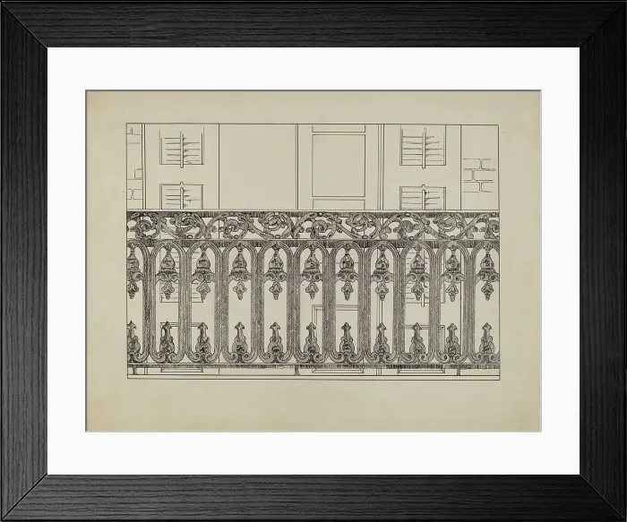 Framed Print : Cast Iron Balcony Rail, c. 1936. Creator: Arelia Arbo Framed Print : Cast Iron Balcony Rail, c. 1936. Creator: Arelia Arbo