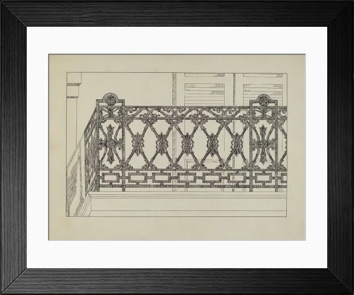 Framed Print : Cast Iron Balcony Railing, c. 1936. Creator: Arelia Arbo Framed Print : Cast Iron Balcony Railing, c. 1936. Creator: Arelia Arbo