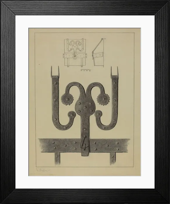 Framed Print : Pa. German Hinges and Hasp on a Conestoga Wagon Tool Box, c. 1937. Creator: Herman Bader Framed Print : Pa. German Hinges and Hasp on a Conestoga Wagon Tool Box, c. 1937. Creator: Herman Bader
