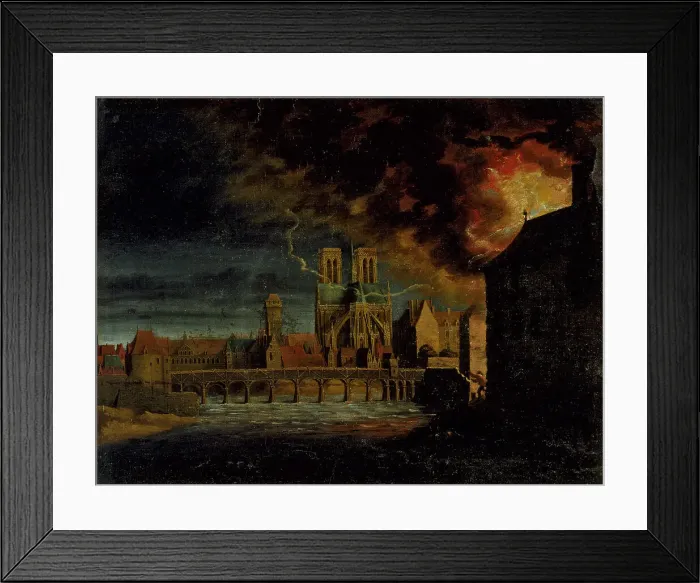 Framed Print : Apse of Notre-Dame, Pont de la Tournelle and ile Saint-Louis, during a fire, c1640. Creator: Unknown Framed Print : Apse of Notre-Dame, Pont de la Tournelle and ile Saint-Louis, during a fire, c1640. Creator: Unknown