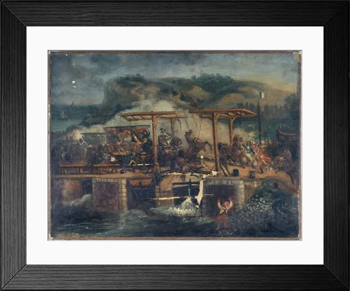 Framed Print : Carriage accident on a bridge around 1835, between 1830 and 1840. Creator: Unknown Framed Print : Carriage accident on a bridge around 1835, between 1830 and 1840. Creator: Unknown