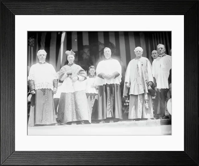Framed Print : Military Field Mass; Mons. Coleman J. Nevils S.J.; Cardinal Gibbons; Unidentified; Father... 1912. Creator: Harris & Ewing. Military Field Mass; Mons. Coleman J. Nevils S.J.; Cardinal Gibbons; Unidentified; Father... 1912 Framed Print : Military Field Mass; Mons. Coleman J. Nevils S.J.; Cardinal Gibbons; Unidentified; Father... 1912. Creator: Harris & Ewing. Military Field Mass; Mons. Coleman J. Nevils S.J.; Cardinal Gibbons; Unidentified; Father... 1912