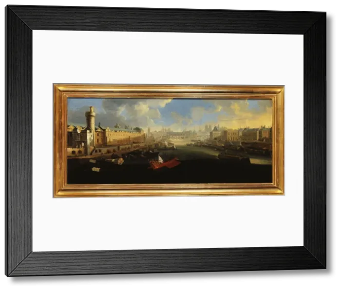 Framed Print : Grande Galerie of the Louvre, with new door, the Pont-Neuf, the city, the college... around 1665. Creator: Unknown Framed Print : Grande Galerie of the Louvre, with new door, the Pont-Neuf, the city, the college... around 1665. Creator: Unknown