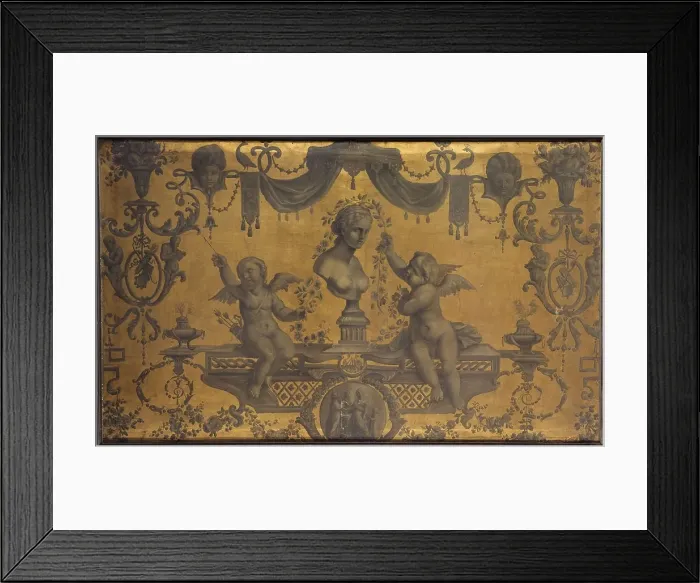 Framed Print : Grotesque decorative panel, two cupids crowning a bust with flowers, between 1801 and 1900. Creator: Unknown Framed Print : Grotesque decorative panel, two cupids crowning a bust with flowers, between 1801 and 1900. Creator: Unknown