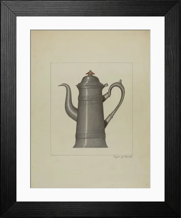 Framed Print : Pewter Coffee Pot, c. 1936. Creator: Eugene Barrell Framed Print : Pewter Coffee Pot, c. 1936. Creator: Eugene Barrell