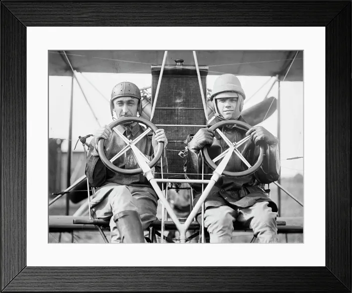 Framed Print : Army Aviation, College Park Aviation Field, 2nd Season - Lt. H. Geiger, Lt. T. Dew. Milling, 1912. Creator: Harris & Ewing. Army Aviation, College Park Aviation Field, 2nd Season - Lt. H. Geiger, Lt. T. Dew. Milling, 1912