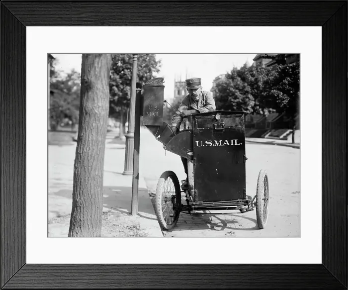 Framed Print : Post office Department - Motor Cycle Postman, 1912. Creator: Harris & Ewing. Post office Department - Motor Cycle Postman, 1912. Creator: Harris & Ewing Framed Print : Post office Department - Motor Cycle Postman, 1912. Creator: Harris & Ewing. Post office Department - Motor Cycle Postman, 1912. Creator: Harris & Ewing