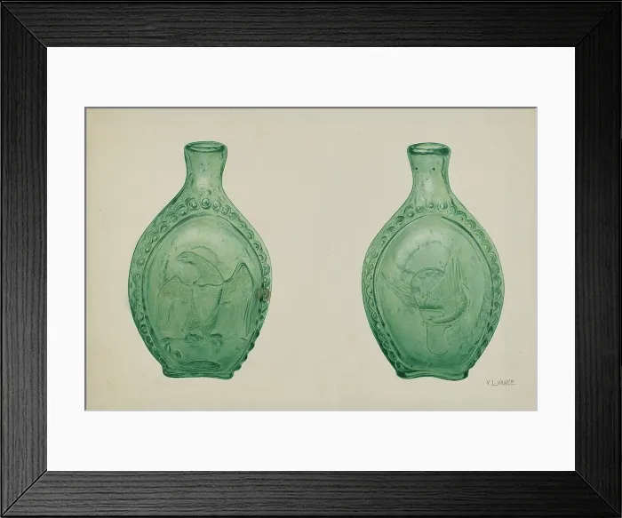 Framed Print : Green Glass Flask, c. 1940. Creator: V. L. Vance Framed Print : Green Glass Flask, c. 1940. Creator: V. L. Vance
