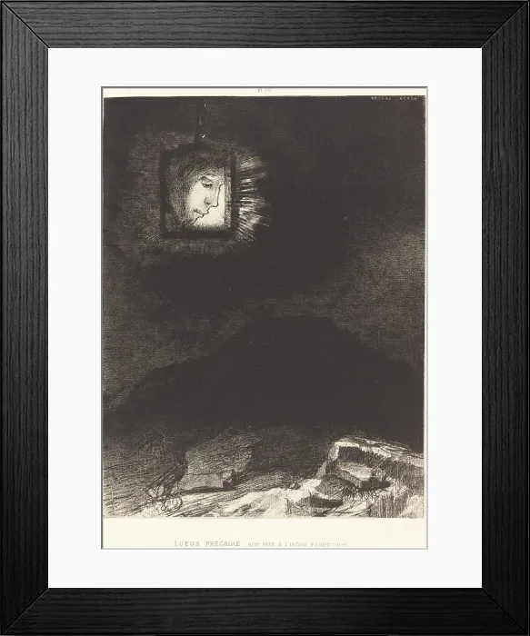 Framed Print : Lueur precaire, une tete a l'infini suspendue(Precarious glimmering, a head suspended, 1891. Creator: Odilon Redon) Framed Print : Lueur precaire, une tete a l'infini suspendue(Precarious glimmering, a head suspended, 1891. Creator: Odilon Redon)