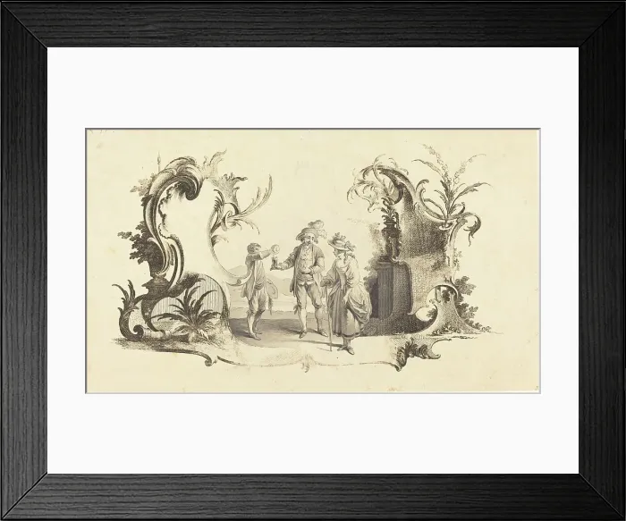 Framed Print : Cartouche Moderne with a Young Couple Being Served Wine. Creator: Johann Esaias Nilson Framed Print : Cartouche Moderne with a Young Couple Being Served Wine. Creator: Johann Esaias Nilson