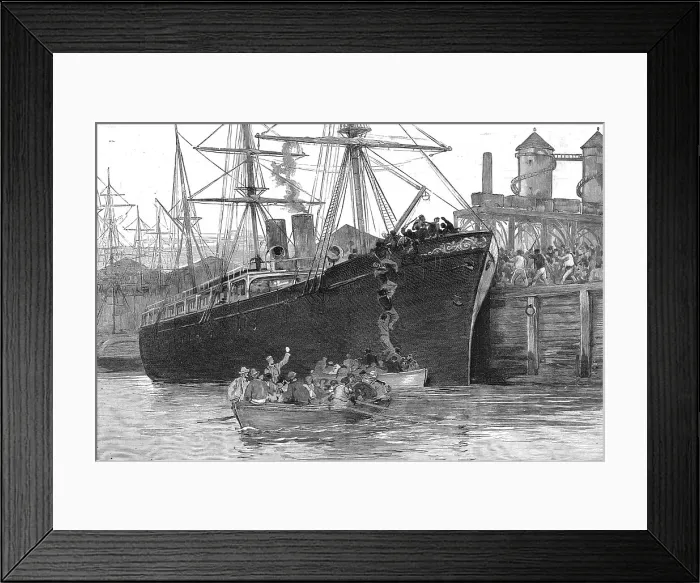 Framed Print : The Strike of Dock Labourers at Melbourne; Freemen Escaping in a boat from an attack of the Unio Creator: Unknown. The Strike of Dock Labourers at Melbourne; Freemen Escaping in a boat from an attack of the Unio Creator: Unknown