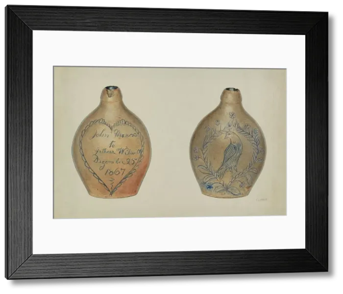 Framed Print : Pa. German Stoneware Flask, c. 1940. Creator: V. L. Vance Framed Print : Pa. German Stoneware Flask, c. 1940. Creator: V. L. Vance