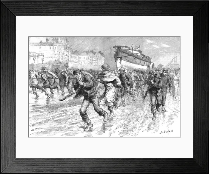 Framed Print : The Gales on the South Coast - Dragging the Lifeboat from Brighton to Portslade, 1891. Creator: G Durand Framed Print : The Gales on the South Coast - Dragging the Lifeboat from Brighton to Portslade, 1891. Creator: G Durand