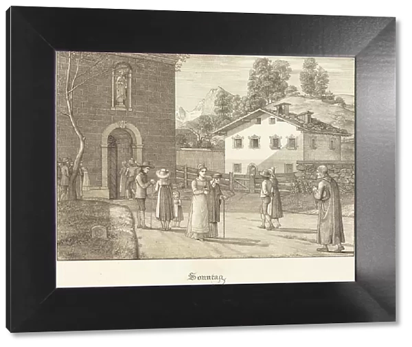 Sonntag - Kircheneingang in Berchtesgaden (Sunday - Going to Church near Berchtesgaden), 1823. Creator: Ferdinand Olivier