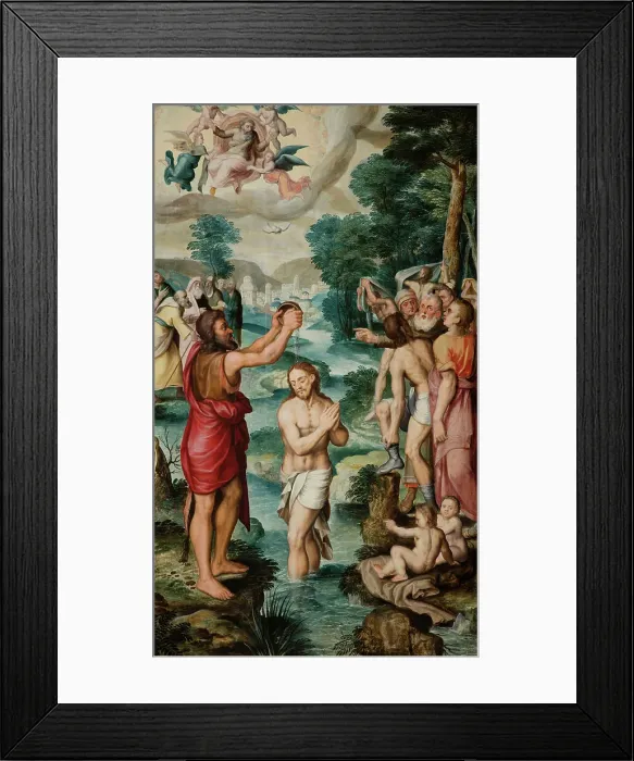 Framed Print : The Baptism of Christ (Triptych, left side panel), 1560. Creator: Robionoy, Jean de (active Mid of the 16th cen.) Framed Print : The Baptism of Christ (Triptych, left side panel), 1560. Creator: Robionoy, Jean de (active Mid of the 16th cen.)
