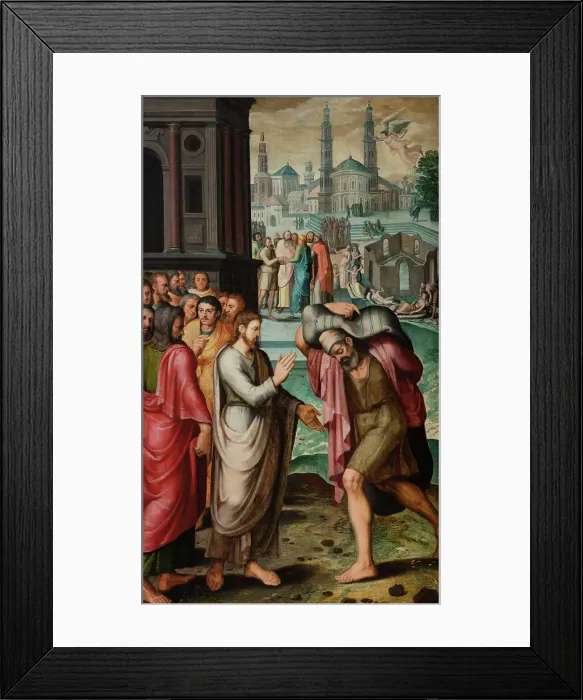 Framed Print : Christ healing the Paralytic at the Pool of Bethesda (Triptych, right side panel), 1560. Creator: Robionoy, Jean de (active Mid of the 16th cen.) Framed Print : Christ healing the Paralytic at the Pool of Bethesda (Triptych, right side panel), 1560. Creator: Robionoy, Jean de (active Mid of the 16th cen.)