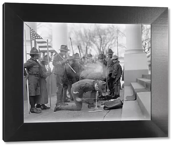 Boy Scouts - Visit of Sir Robert Baden-Powell To D.C. Making Fire, 1911. Creator: Harris & Ewing. Boy Scouts - Visit of Sir Robert Baden-Powell To D.C. Making Fire, 1911. Creator: Harris & Ewing