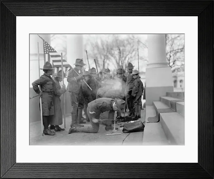 Framed Print : Boy Scouts - Visit of Sir Robert Baden-Powell To D.C. Making Fire, 1911. Creator: Harris & Ewing. Boy Scouts - Visit of Sir Robert Baden-Powell To D.C. Making Fire, 1911. Creator: Harris & Ewing