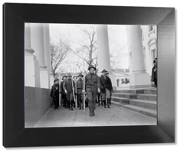 Boy Scouts - Visit of Sir Robert Baden-Powell To DC Reviewing Parade from White House Portico, 1911. Creator: Harris & Ewing. Boy Scouts - Visit of Sir Robert Baden-Powell To DC Reviewing Parade from White House Portico, 1911