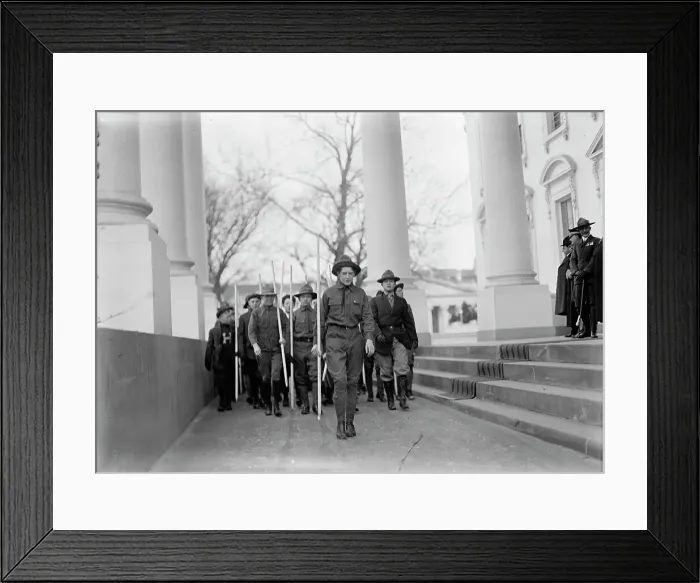 Framed Print : Boy Scouts - Visit of Sir Robert Baden-Powell To DC Reviewing Parade from White House Portico, 1911. Creator: Harris & Ewing. Boy Scouts - Visit of Sir Robert Baden-Powell To DC Reviewing Parade from White House Portico, 1911 Framed Print : Boy Scouts - Visit of Sir Robert Baden-Powell To DC Reviewing Parade from White House Portico, 1911. Creator: Harris & Ewing. Boy Scouts - Visit of Sir Robert Baden-Powell To DC Reviewing Parade from White House Portico, 1911