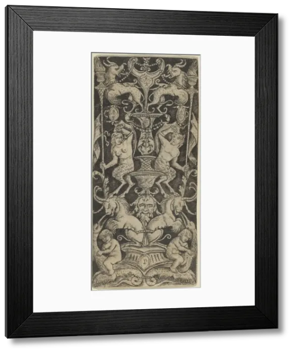 Framed Print : Panel of Ornament with Two Naked Children on Monstrous Beasts, c. 1505 / 1520. Creator: Peregrino da Cesena Framed Print : Panel of Ornament with Two Naked Children on Monstrous Beasts, c. 1505 / 1520. Creator: Peregrino da Cesena