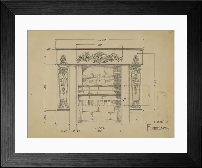 Framed Print : Iron Fireplace, c. 1936. Creator: Thomas Byrne Framed Print : Iron Fireplace, c. 1936. Creator: Thomas Byrne