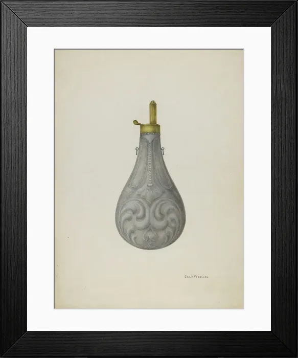 Framed Print : Pewter Powder Flask, c. 1939. Creator: George V. Vezolles Framed Print : Pewter Powder Flask, c. 1939. Creator: George V. Vezolles