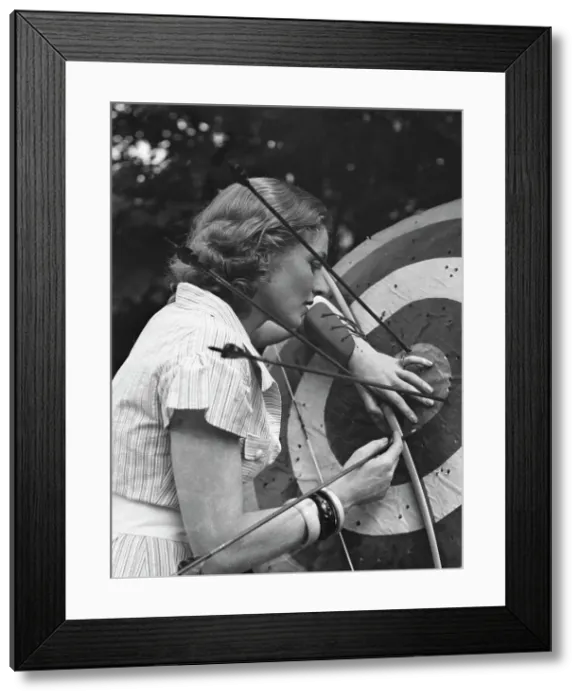 Framed Print : Chase, Diana, Miss, doing archery, 1933 June 22. Creator: Arnold Genthe Framed Print : Chase, Diana, Miss, doing archery, 1933 June 22. Creator: Arnold Genthe