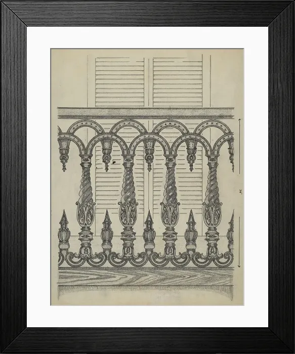 Framed Print : Cast Iron Balcony Rail, c. 1936. Creator: Thomas Byrne Framed Print : Cast Iron Balcony Rail, c. 1936. Creator: Thomas Byrne