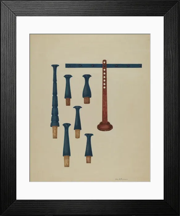 Framed Print : Shaker Pegs and Candlestand, c. 1938. Creator: George V. Vezolles Framed Print : Shaker Pegs and Candlestand, c. 1938. Creator: George V. Vezolles