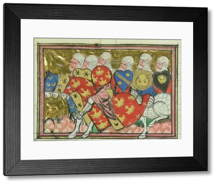 Framed Print : Turkish cavalry (From Li rommans de Godefroy de Buillon et de Salehadin'), 1337. Creator: Maître de Fauvel (active 1314-1340). Turkish cavalry (From Li rommans de Godefroy de Buillon et de Salehadin'), 1337 Framed Print : Turkish cavalry (From Li rommans de Godefroy de Buillon et de Salehadin'), 1337. Creator: Maître de Fauvel (active 1314-1340). Turkish cavalry (From Li rommans de Godefroy de Buillon et de Salehadin'), 1337