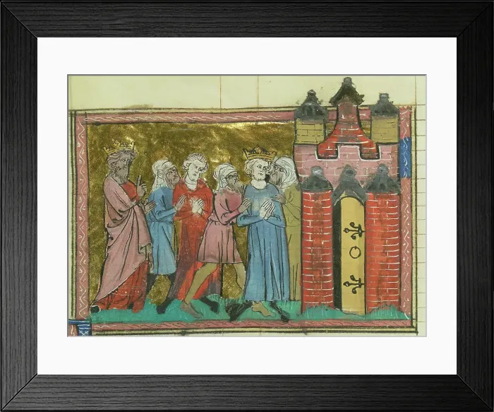 Framed Print : Arrest of Louis IX (From Li rommans de Godefroy de Buillon et de Salehadin'), 1337. Creator: Maître de Fauvel (active 1314-1340). Arrest of Louis IX (From Li rommans de Godefroy de Buillon et de Salehadin'), 1337 Framed Print : Arrest of Louis IX (From Li rommans de Godefroy de Buillon et de Salehadin'), 1337. Creator: Maître de Fauvel (active 1314-1340). Arrest of Louis IX (From Li rommans de Godefroy de Buillon et de Salehadin'), 1337
