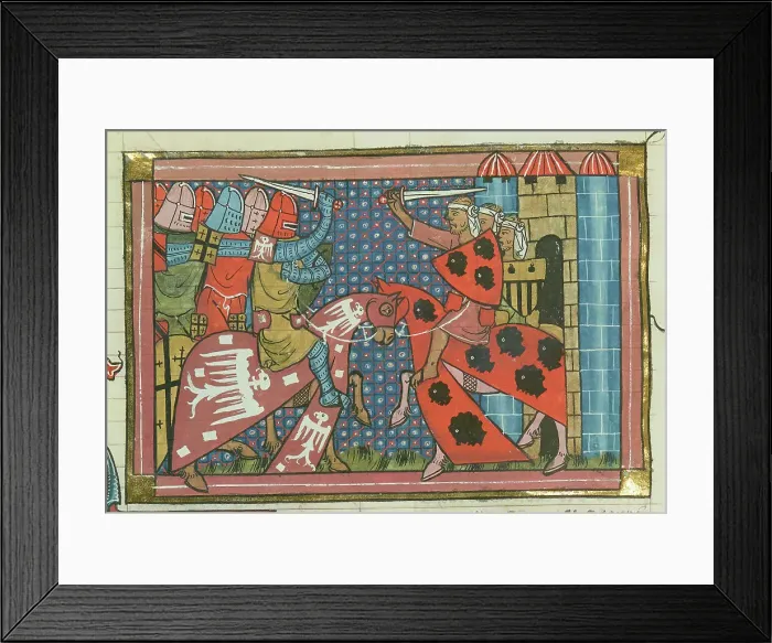 Framed Print : The Fall of Edessa, 1144 (From Li rommans de Godefroy de Buillon et de Salehadin'), 1337. Creator: Maître de Fauvel (active 1314-1340). The Fall of Edessa, 1144 (From Li rommans de Godefroy de Buillon et de Salehadin'), 1337 Framed Print : The Fall of Edessa, 1144 (From Li rommans de Godefroy de Buillon et de Salehadin'), 1337. Creator: Maître de Fauvel (active 1314-1340). The Fall of Edessa, 1144 (From Li rommans de Godefroy de Buillon et de Salehadin'), 1337