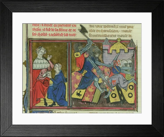 Framed Print : The Battle of Nahr al-Kalb in 1100 (From Li rommans de Godefroy de Buillon et de Salehadin'), 1337. Creator: Maître de Fauvel (active 1314-1340). The Battle of Nahr al-Kalb in 1100 Framed Print : The Battle of Nahr al-Kalb in 1100 (From Li rommans de Godefroy de Buillon et de Salehadin'), 1337. Creator: Maître de Fauvel (active 1314-1340). The Battle of Nahr al-Kalb in 1100