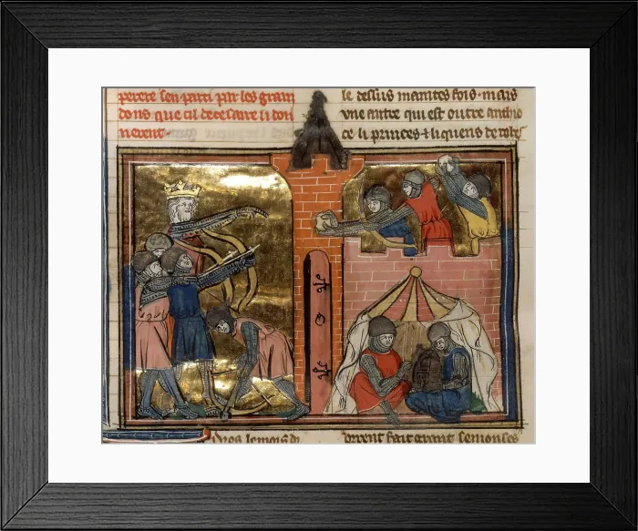 Framed Print : The siege of Shaizar, 1138 (From Li rommans de Godefroy de Buillon et de Salehadin'), 1337. Creator: Maître de Fauvel (active 1314-1340). The siege of Shaizar, 1138 (From Li rommans de Godefroy de Buillon et de Salehadin'), 1337 Framed Print : The siege of Shaizar, 1138 (From Li rommans de Godefroy de Buillon et de Salehadin'), 1337. Creator: Maître de Fauvel (active 1314-1340). The siege of Shaizar, 1138 (From Li rommans de Godefroy de Buillon et de Salehadin'), 1337